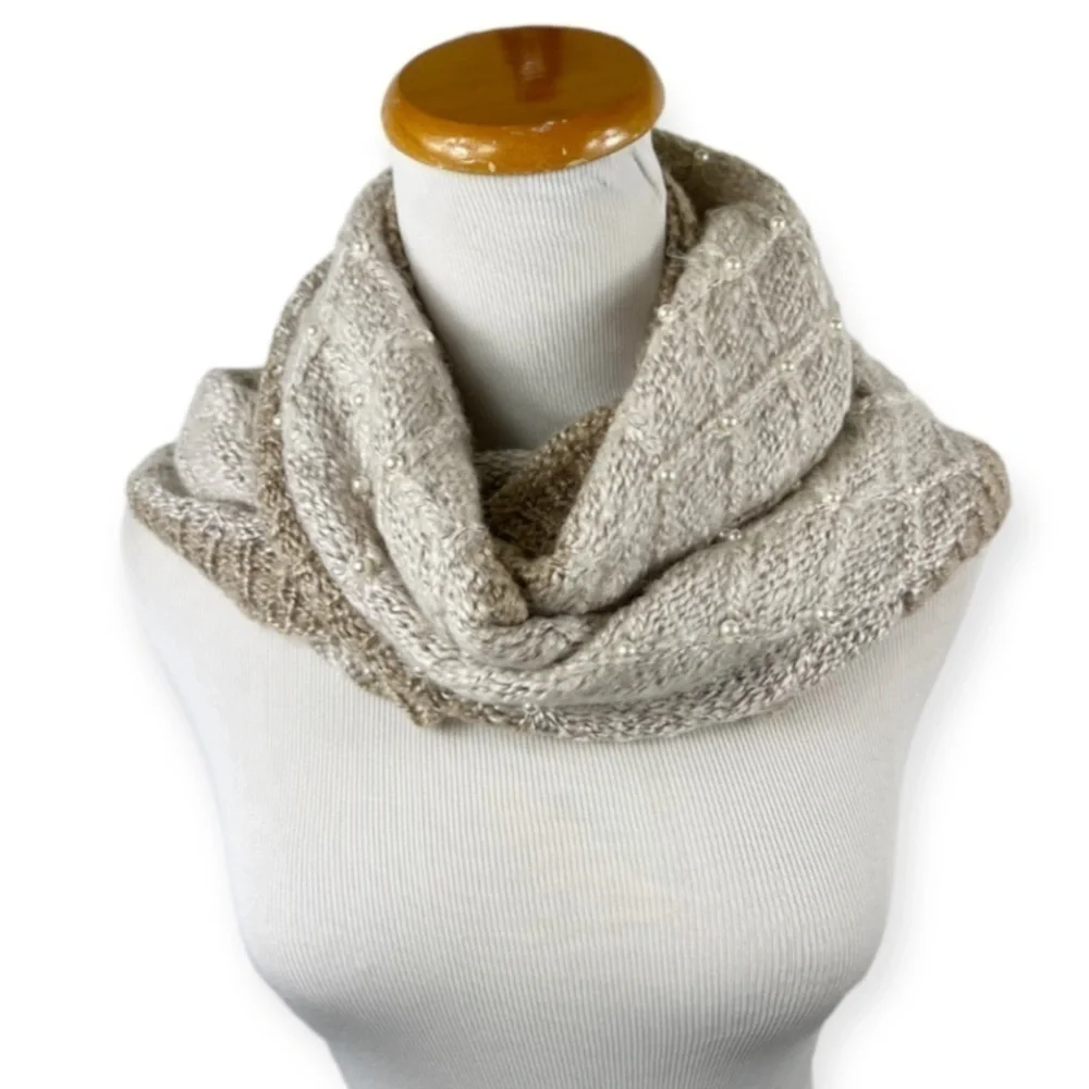 Betsey Johnson Knit Infinity Scarf Cream Tan Faux Pearls One Size